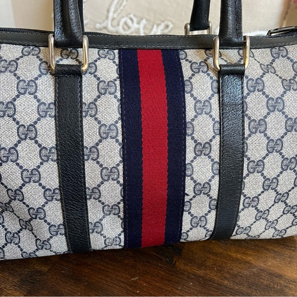 GUCCI Web Sherry Line Navy Boston Bag With Authenticity Cert - Picture 9 of 17